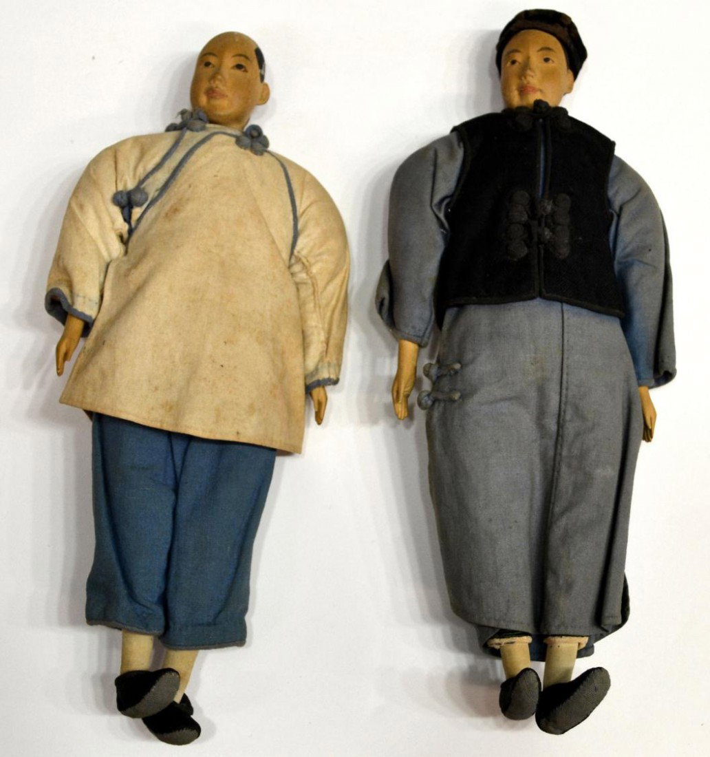 (2) CHINESE WOOD & CLOTH DOLLS, SHANGHAI, 1937: (lot of 2) Chinese wood and cloth dolls, a gift purchased in Shanghai in 1937, original cotton clothing, 11.5"h, 4.75"w, 2"d, total: .5lb