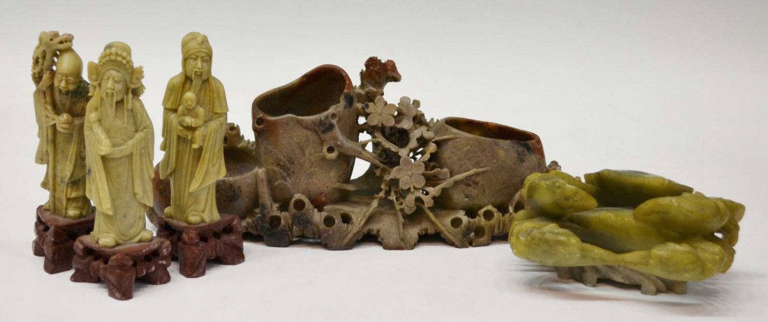 (5)COLLECTION OF ASIAN SOAPSTONE FIGURES & VASE: (lot of 5) Asian carved soapstone cabinet items, comprising: (3) longevity figures in a light tan and green (1) holding a child, (1) with walking stick and ball, (1) with large headdress, all on rich 