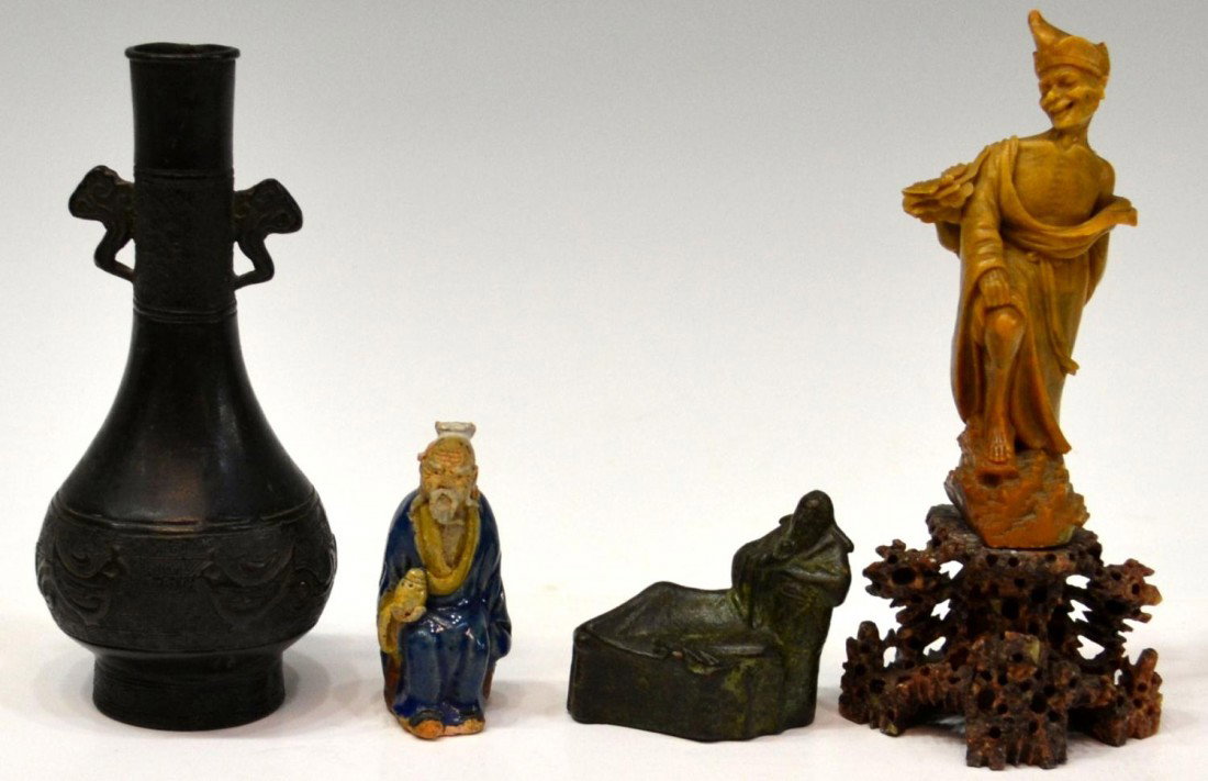 (4) CHINESE BRONZE VASE, SOAPSTONE, POTTERY FIGURE: (lot of 4) Collection of Chinese items including a small bronze vase in the archaic-style, a carved soapstone figure mounted on a rocky carved base, Immortal figure in a blue and yellow glaze, and a b