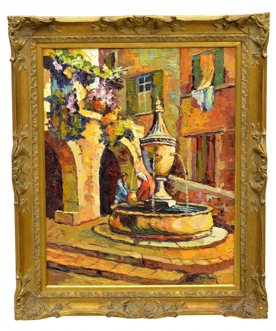 PAINTING, FRENCH FOUNTAIN, ALDO GIORDANI, d. 1980: Framed oil painting on canvas, "Vielle fontaine Provencale, France, signed and titled on verso Giordani (Aldo Giordani, Sicily, Belgium, Canada, United States d. 1980), sight: 29.5"h, 23.5"w, 12.5lbs