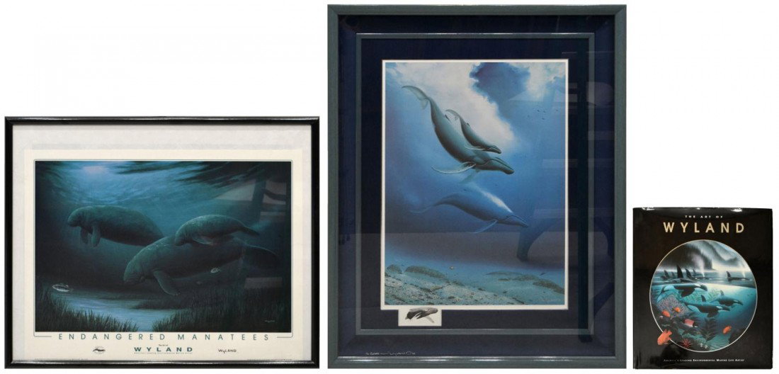 ROBERT WYLAND WHALE PRINTS, SIGNED TWICE, BOOK: (lot of 3) Framed prints by Robert Wyland (b. 1956): (1) "Humpback Whale Family, signed Wyland lower right, signed again on glass "To Rochelle......Wyland '92), limited edition 126/300, with signed ce