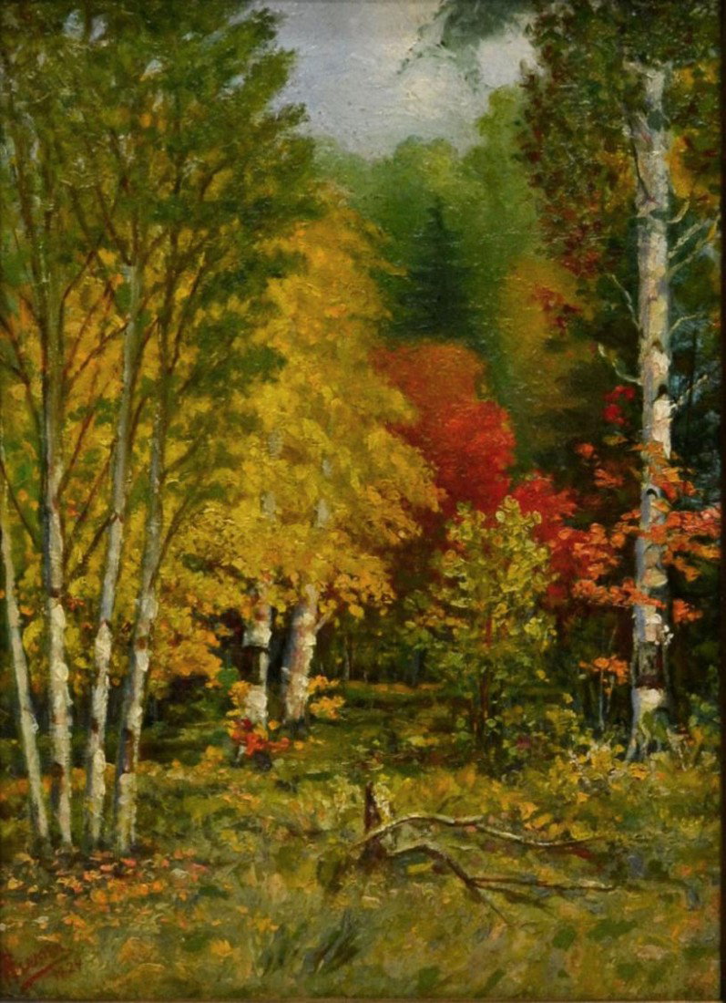 FRAMED OIL PAINTING, C. WERNER, 1924: Frame oil painting on board, Mountain Birch Trees, signed, dated lower left C. Werner (sp?) 1924, sight: 15.5"h, 11.5"w, overall: 20.5"h, 16.5"w, 3.25lbs