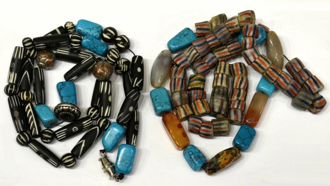 (2) NECKLACES, SILVER, TURQUOISE, TRADE BEADS: (lot of 2) Necklaces, one with trade beads, turquoise an other stones, one with turquoise, silver balls, black and white trade beads, longest 30", all inclusive total weight: