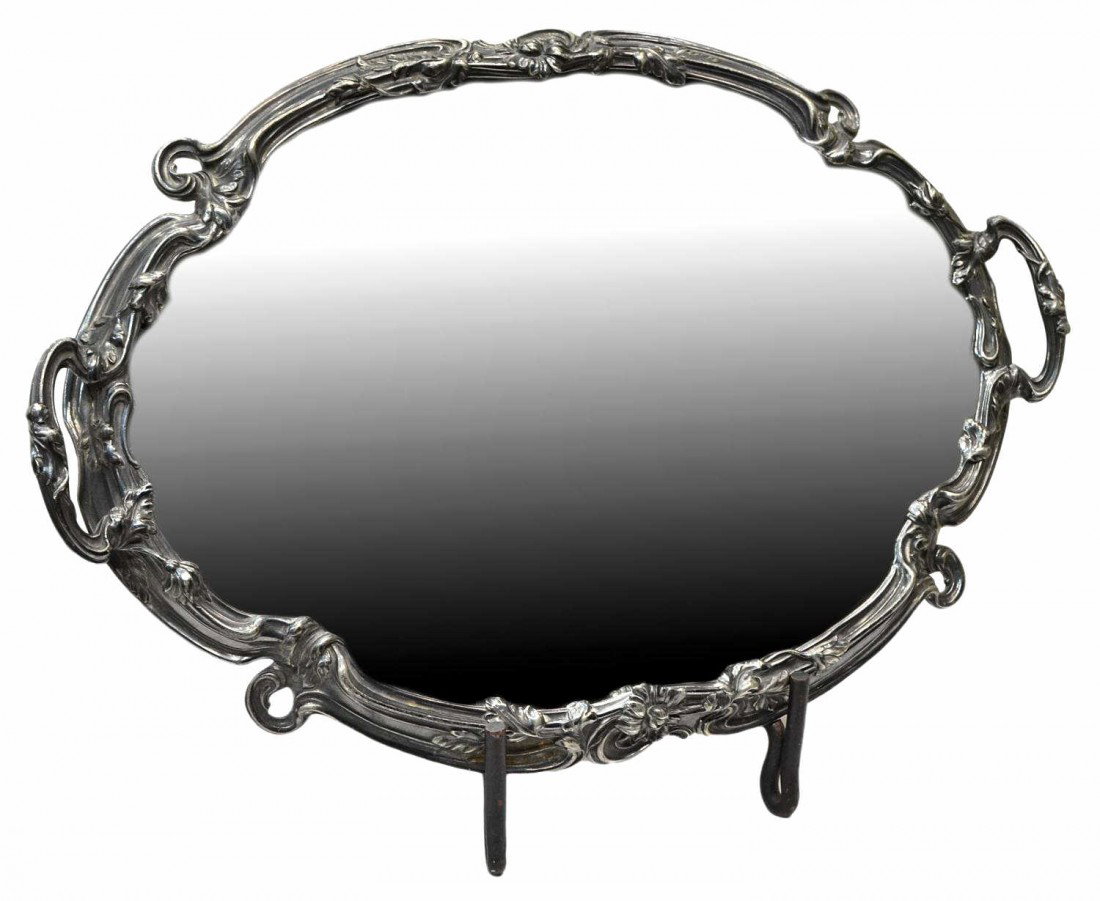 ART NOUVEAU SILVER PLATE PLATEAU MIRROR, SIGNED: Art Nouveau silver plate framed plateau mirror, early 20th c., marked at edge with sailing ship flanked by initials "V S" (Victor Saglier, France, late 19th c), mirror loose in frame, 1.5"h, 21"w. 14.