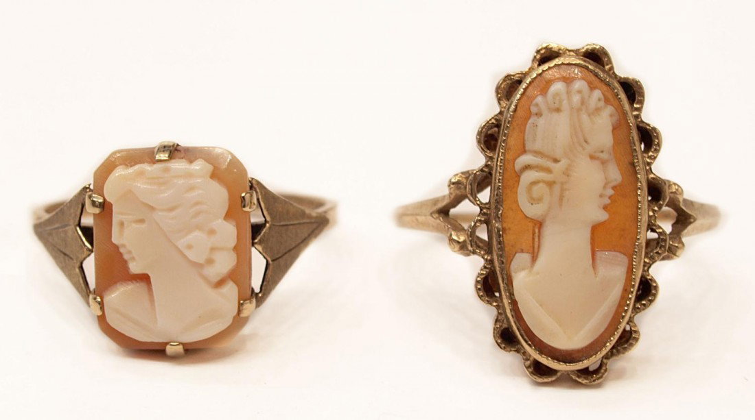 (2) VICTORIAN CARVED SHELL CAMEO GOLD ESTATE RINGS: (lot of 2) Victorian shell cameo estate rings, each depicting the profile of a beauty, one set in 9kt gold, size 7, the other in a 10kt setting, size 8.25, 4.32 grams total (inclusive of shell) (w/26)