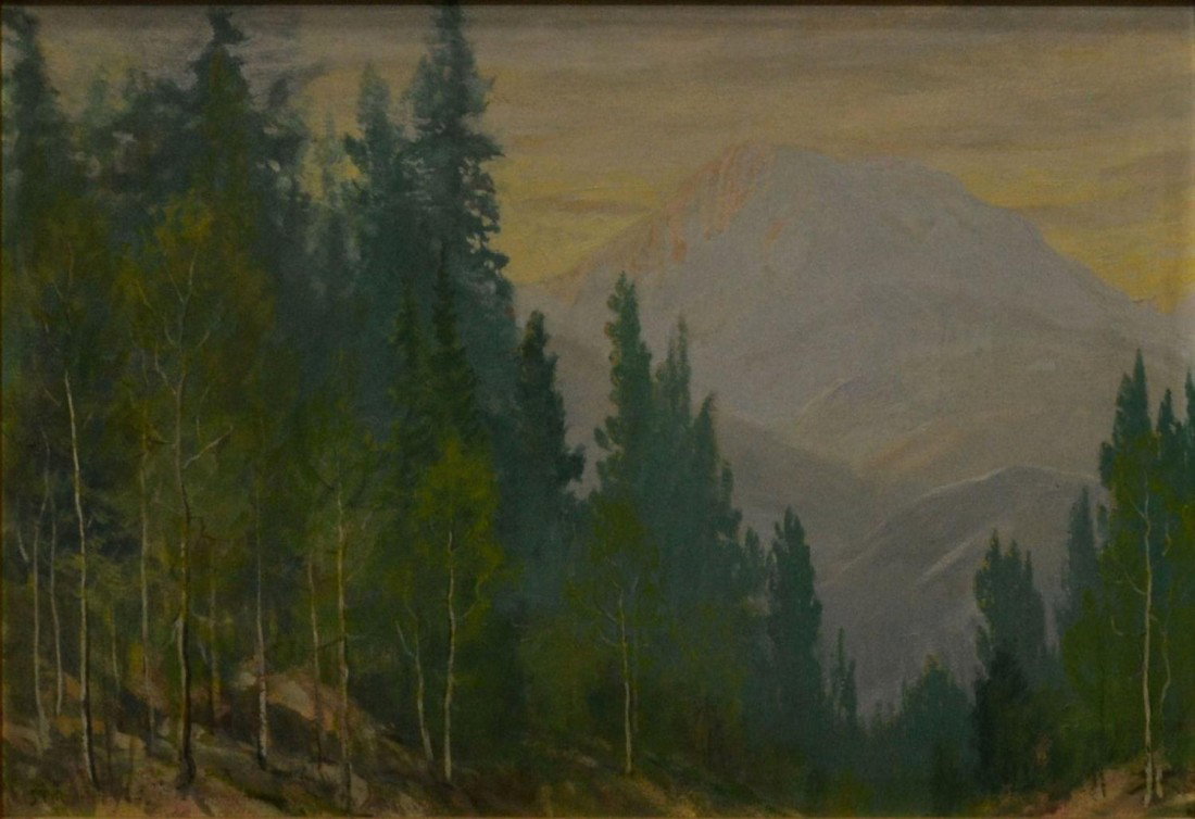 PAINTING, COLORADO, DAVID STIRLING (1887-1991): Framed oil painting on board, Estes Park Colorado Mountains and Forest, signed lower left Stirling (David Stirling, Iowa, Colorado, 1887-1991), 19.25"h, 29.25"w, overall: 24.25"h, 34.25"w, 7lbs