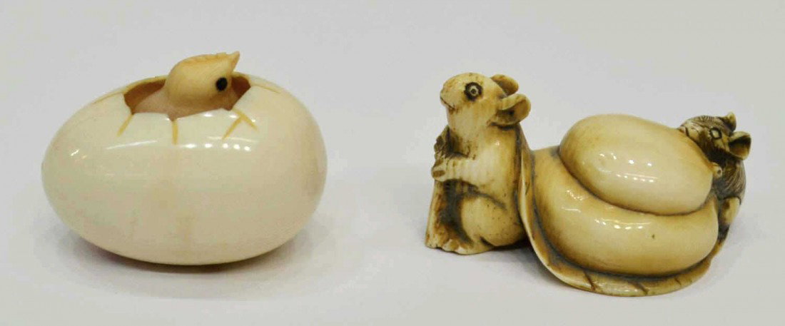 (2) JAPANESE CARVED FIGURAL CARVED IVORY NETSUKES: **This lot will not be shipped Internationally** (lot of 2) Japanese carved ivory netsukes, comprising: (1) hatchling chick popping its head out for the first time, moving slightly within the egg, sig