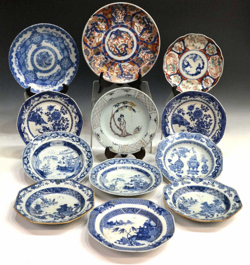HUGE COLLECTION OF JAPANESE PORCELAIN TABLEWARE: ( lot of 12) Large collection of Japanese assorted porcelain tableware, various styles and patterns, including plates, shallow dishes, serving platter, all with damage and glue restoration, largest: 1