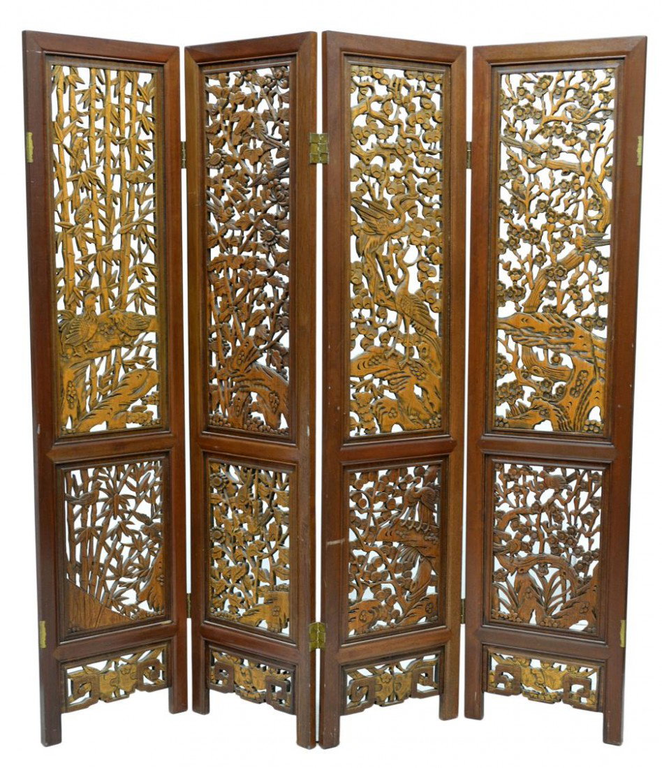 CHINESE FOUR PANEL CARVED SCREEN, BIRDS & BAMBOO: Chinese four panel screen pierce carved with birds in bamboo trees, 71"h, panels: 17.75"w, 1"d, folded: 71"h, 17.75"w, 4.5"d