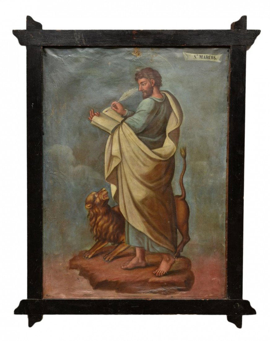 ANTIQUE RELIGIOUS PAINTING, ST. MARK: Framed oil painting on canvas, St. Marcos, anonymous, Mexico, 19th c., repairs including sewn canvas at top, strip lining, sight: 31.75"h, 23.25"w, overall: 39"h, 30.75"w, 3.5lbs