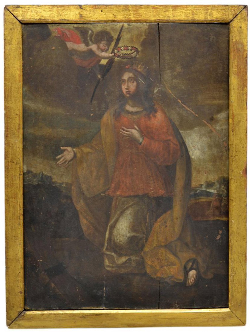 ANTIQUE RELIGIOUS PAINTING, ST. CATHERINE: Framed oil painting on wood, St. Catherine of Alexandria, anonymous, Mexico, 19th c.,at the lower right a man appears to be raising an axe or sword to behead a woman, splits in board, slight warping, 