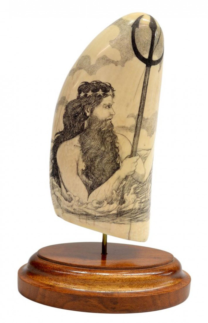 SCRIMSHAW WHALES TOOTH BY DOUGLAS FINE: An exquisitely carved scrimshaw whales tooth by Douglas L. Fine of Lahaina, Hawaii, accompanied by C.O.A., 7.5"h, 5"w, 3"d; 1.25lbs **Provenance: From a private Texas collection**