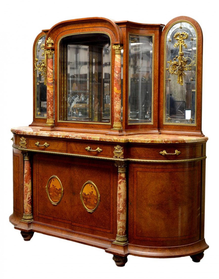 FRENCH DISPLAY CABINET, MARBLE COLUMNS, ORMOLU: French display sideboard with ormolu accents, c. 1890, a central glass display with curved glass sides flanked by columns and mirrors set over a marble top with curved ends, the upper mirrors with mou