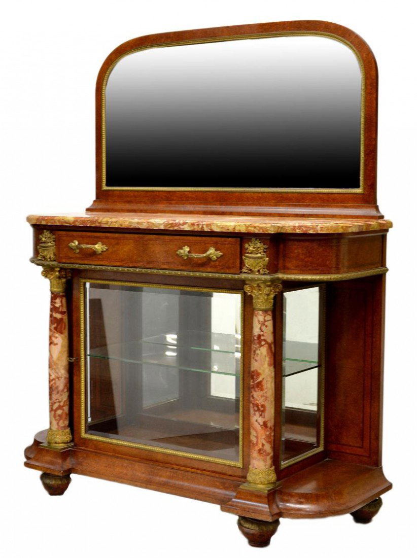 FRENCH DISPLAY SERVER, MARBLE COLUMNS, ORMOLU: French display server with ormolu accents, c. 1890, the mirrored back set over marble with curved ends, a frieze silver drawer, the lower cabinet with marble columns flanking a glass display area, all