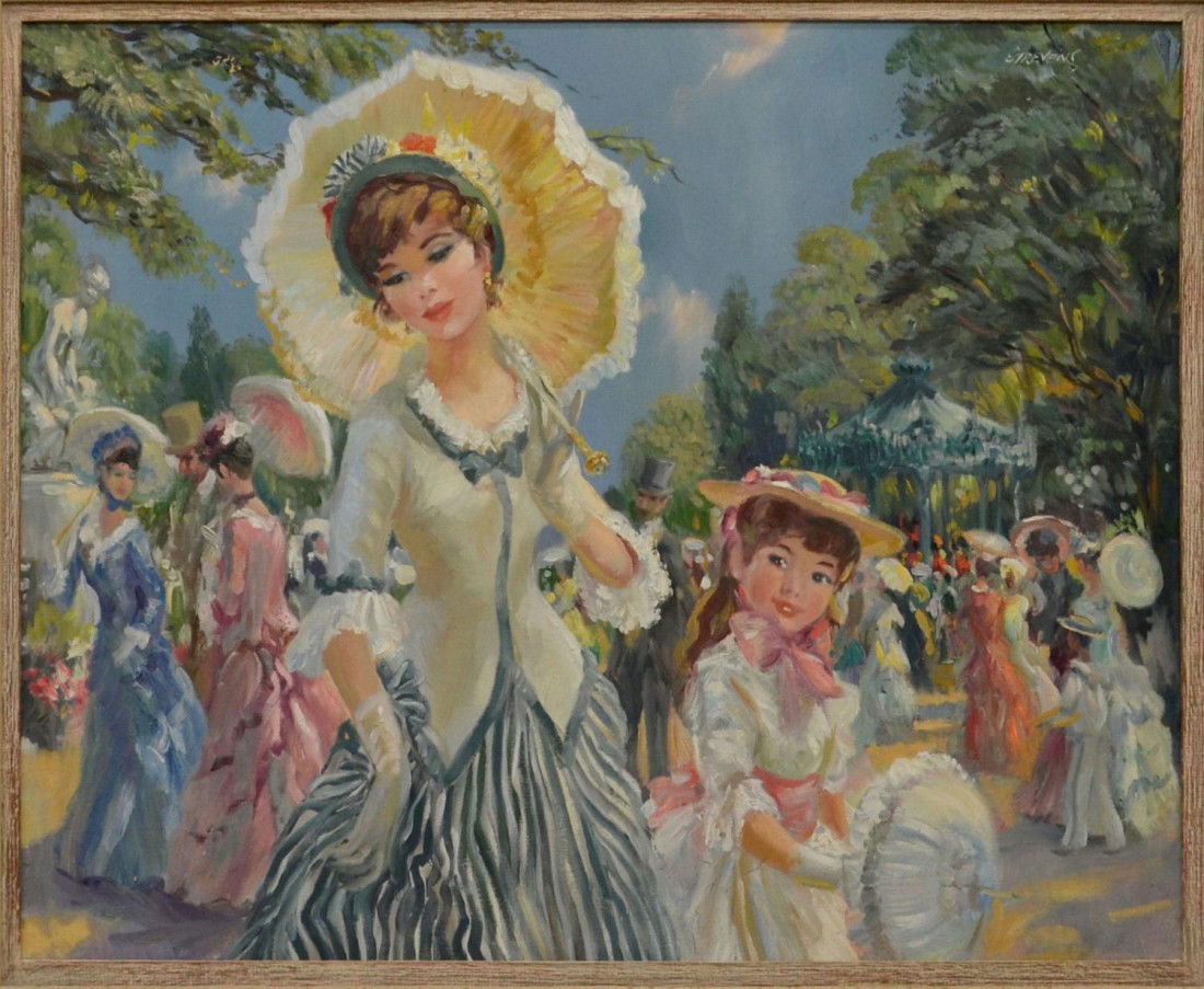 PAINTING, JOHN STREVENS (BRITISH, 1902-1990): Framed oil painting on canvas, "In the Park" signed at upper right Strevens (John Strevens, British 1902-1990), signed and titled on verso, sight: 23.75"h, 29.75"w, overall: 33.25"h, 39.25"w, 11.5lbs