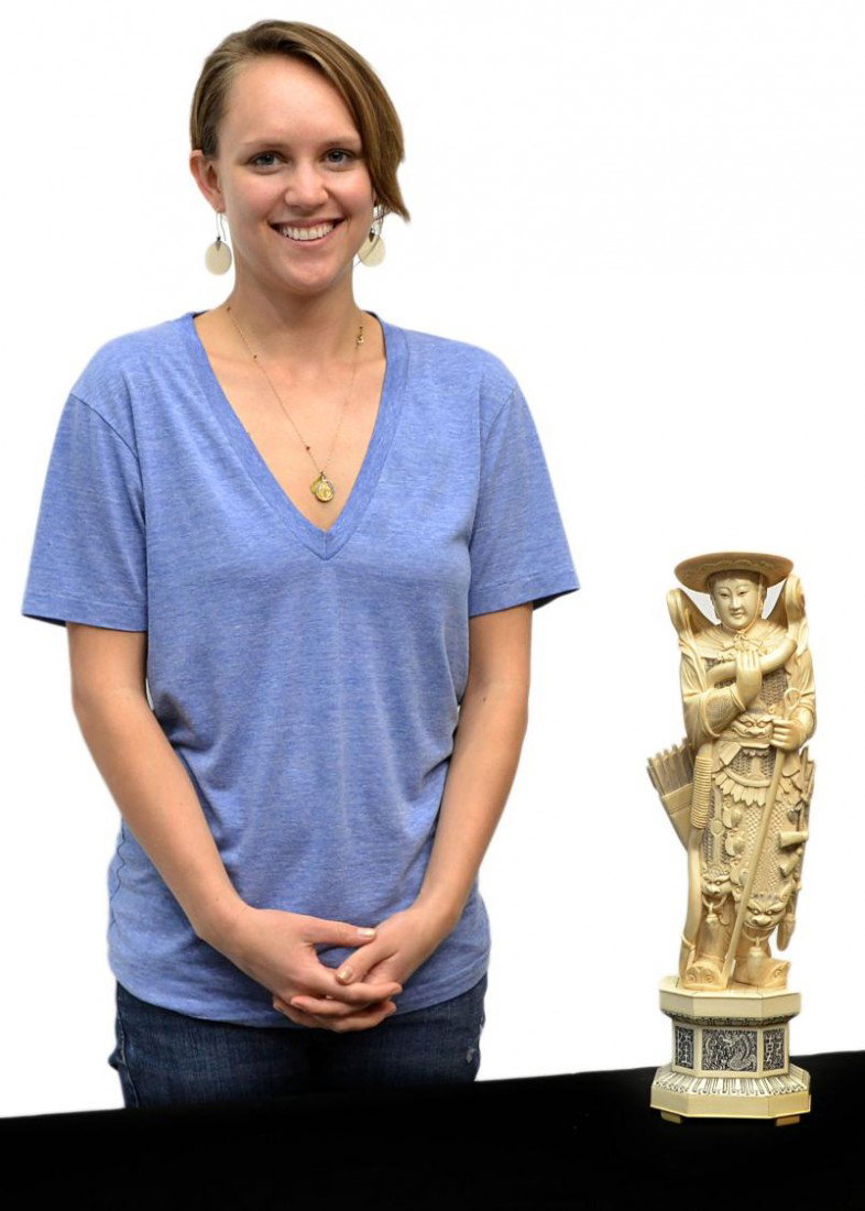 LARGE CHINESE IVORY FIGURAL CARVING, MULAN WARRIOR: **This item will not be shipped Internationally** A large Chinese figural ivory carving, depicting Mulan, the legendary female warrior, standing in ornate armor and shown stringing a large bow, quiver