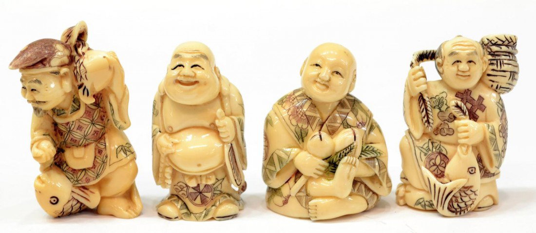 (4) CARVED IVORY POLYCHROME NETSUKES: ***This Lot Will Not Be Shipped Internationally*** (4) Carved polychrome ivory netsukes: (1) Happy Buddha figure holding a necklace and fan, signed, 2"h; (1) old man holding a fish on his shoulder and
