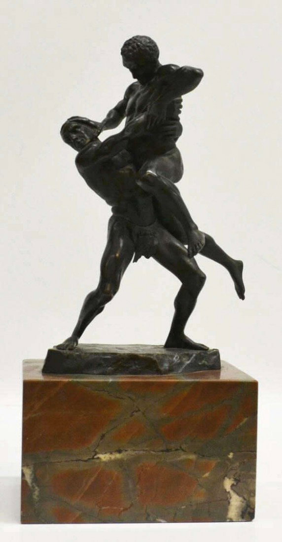 ANTIQUE BRONZE, HERCULES & ANTAEUS, E. HAMBURGER: Patinated bronze sculpture, Hercules and Antaeus, each partially nude figure clad in a loin cloth, signed E. Hamburger (German, 19th/20th c.), raised on a substantial marble base, some matte spotting 