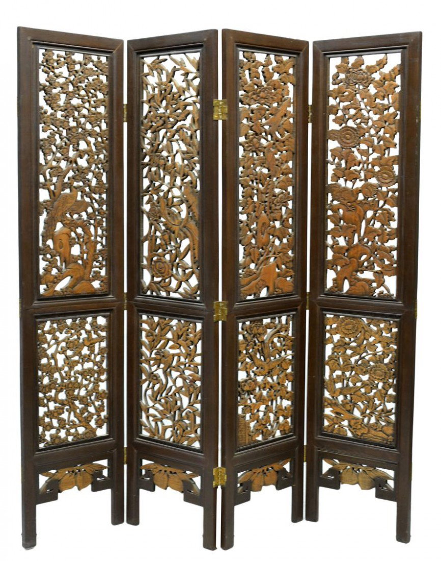 CHINESE FOUR PANEL CARVED SCREENS, PEACOCKS: Chinese four panel screen pierce carved with floral foliage, trees, birds including peacocks, bamboo trees, 74.5"h, each panel 18"w, 1"d, folded: 74.5"h, 18"w, 5"d
