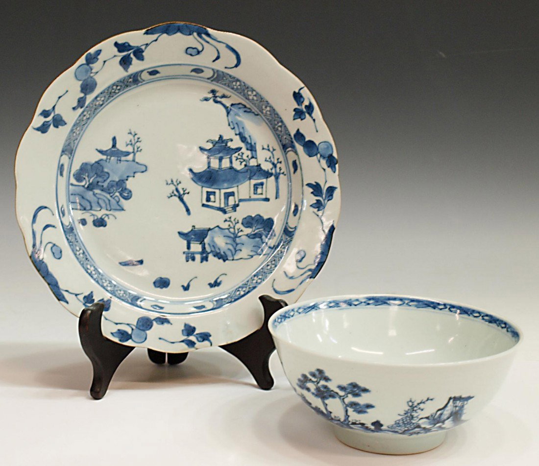 (2) CHINESE NANKING CARGO BLUE & WHITE PLATE, BOWL: (lot of 2) Chinese 'Nanking Cargo' porcelain blue and white tableware, Qing dynasty, c. 1750, including: (1) bowl decorated on the exterior with a scholar crossing a bridge between two rocky isles, wi