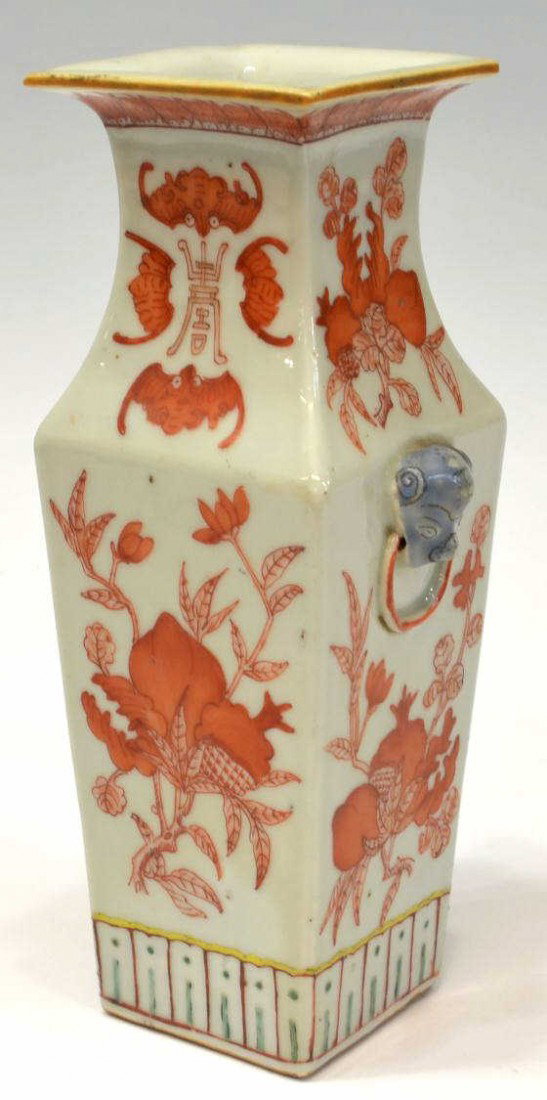 19TH C. CHINESE ENAMELED PORCELAIN VASE: Chinese porcelain vase, Qing Dynasty, 19th c., of tapering square shape with coral enamel decorated bats and peaches to each side, molded foo lion mask and ring handles, stylized borders, mark as pict