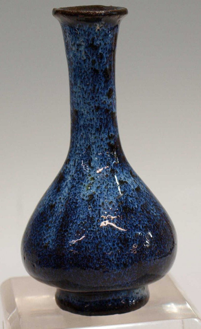 SMALL 19TH C. CHINESE BLUE GLAZE VASE: Chinese vase, Qing Dynasty, 19th c., diminutive vase having long neck on globular body with blue/brown transmutation glaze, vase: 5.75"h, boxed: 4.25"h, 8"w, 5.25"d, 1.5lbs **Provenance: From the esta
