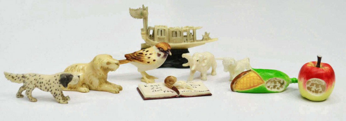 (9)GROUP IVORY, BONE & COMPOSITE FIGURES, NETSUKES: **This lot will not be shipped Internationally** (lot of 9) Collection of ivory, bone and other composite figures, highlights include: (2) fruit carvings (1) corn, (1) apple, with inset relief; (1) ca