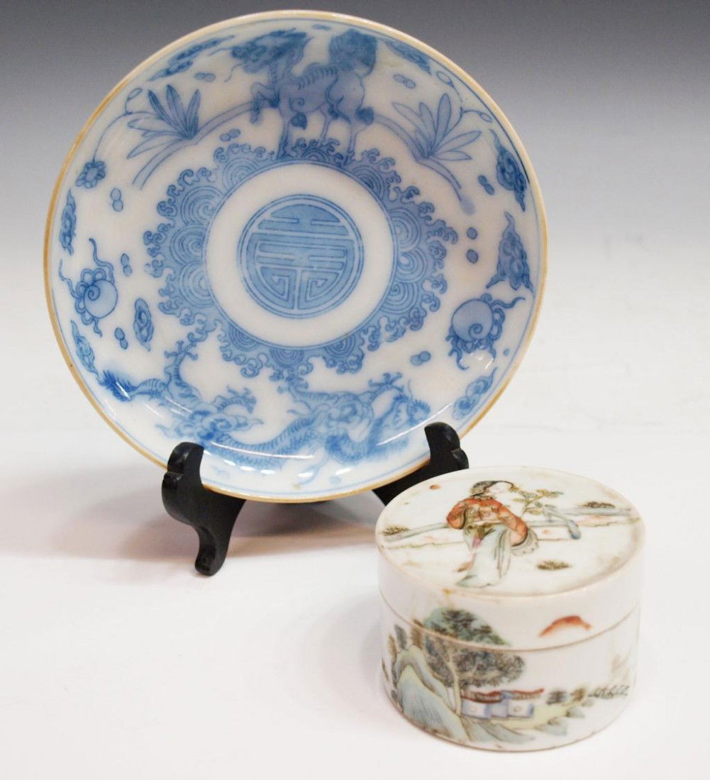 (2) CHINESE PORCELAIN DISH & DECORATED BOX: (lot of 2) Chinese blue and white porcelain dish, old Imari, mid 19th c., 5"diam; together with (1) small Chinese porcelain box, the circular lidded box featuring a beauty on the cover and landscape s