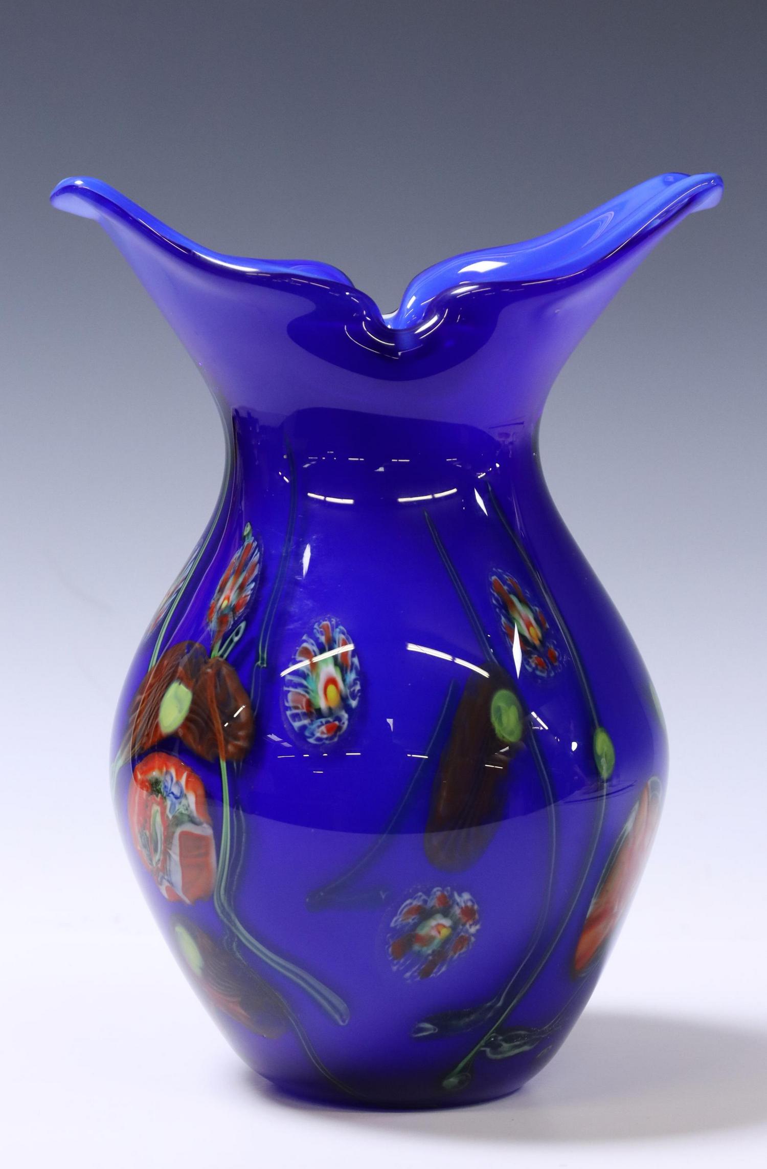 STUDIO ART GLASS PAPERWEIGHT VASE, COBALT & FLORAL (1 of 5)