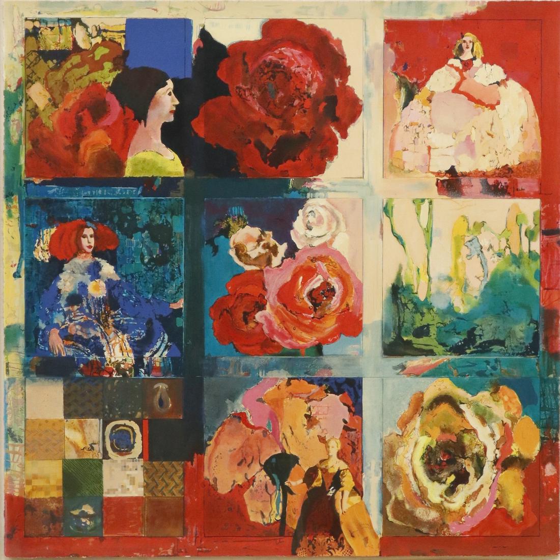 PATRICIA NIX (TX) LARGE FRAMED SERIGRAPH ON PAPER: Framed serigraph print on paper, "Michael, Wine, Women, & Roses," signed lower right Patricia Nix (Texas, b.1938), PP 1 (printers proof), lower center dedication, sight: approx 36"h, 36"w, overall: ap