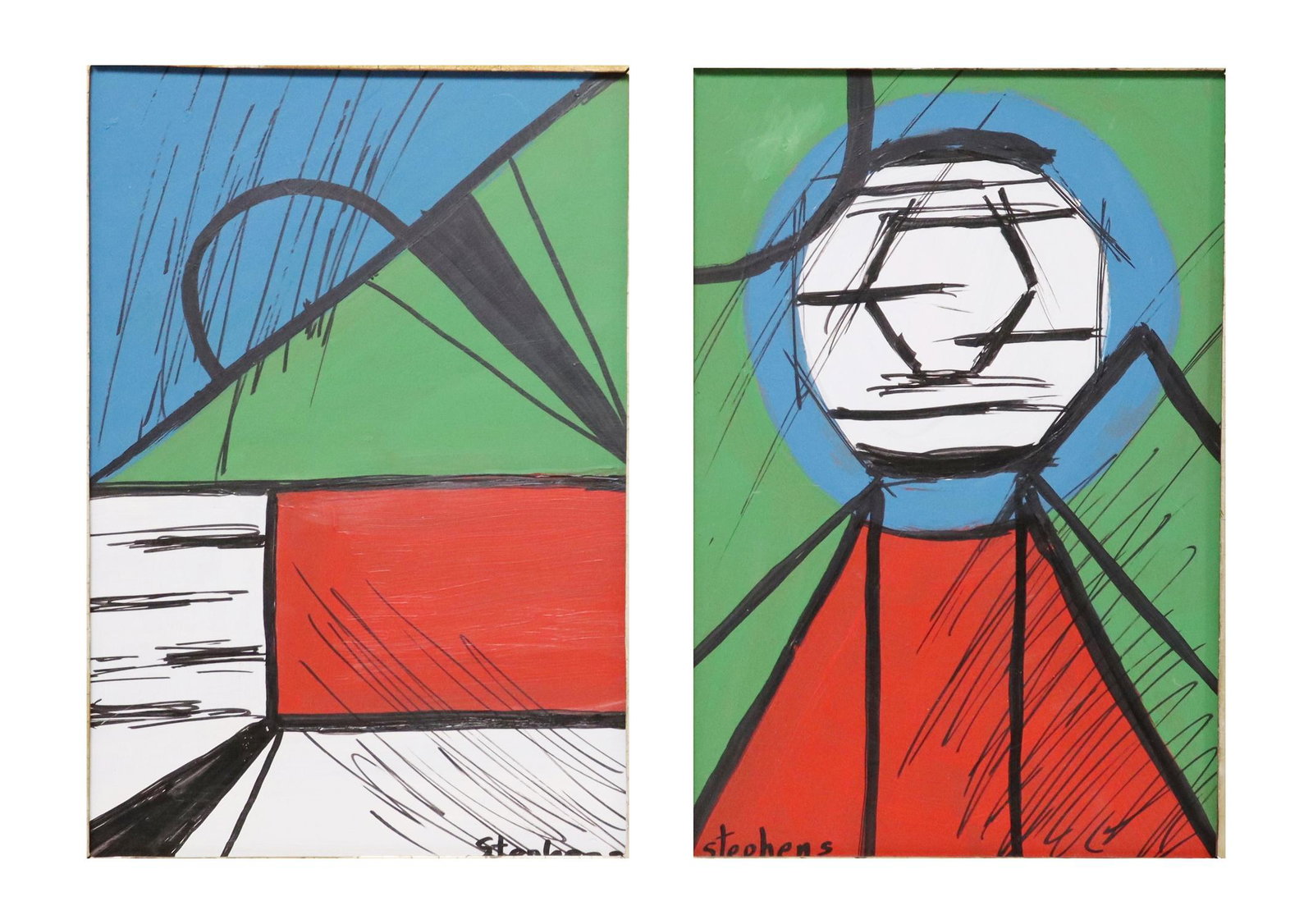 SIGNED STEPHENS FRAMED ABSTRACT PAINTINGS: Framed mixed media on board abstract paintings, signed Stephens, including: (1) Portrait, signed lower left, sight: approx 12.25"h, 8.5"w, overall: approx 19"h, 14.75"w; (1) Composition, signed lower 