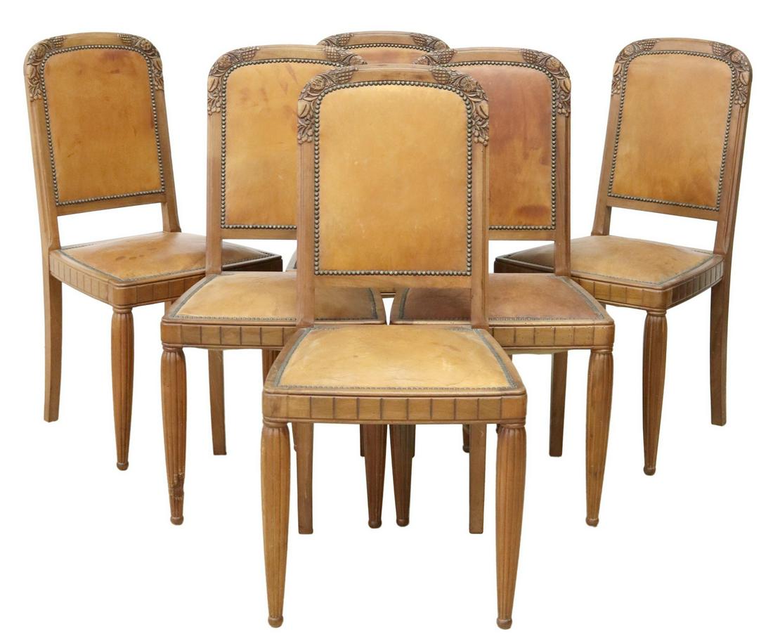 (6) FRENCH ART NOUVEAU WALNUT LEATHER SIDE CHAIRS (1 of 3)