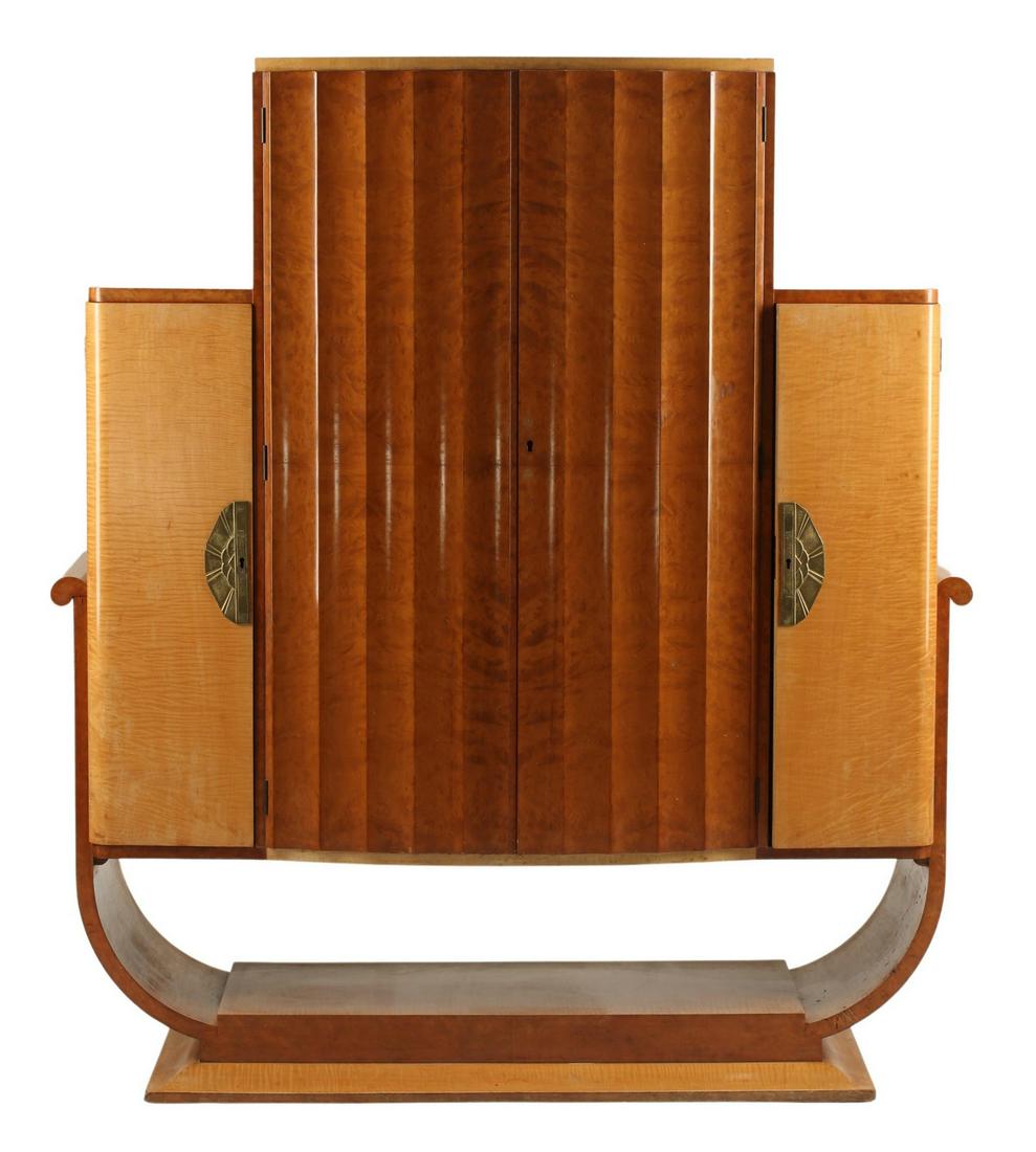 ART DECO TWO-TONE SCULPTURAL BAR CABINET: Art Deco two-tone bar cabinet, c.1930s, fitted interior, sculptural base, in need of wiring, approx 62"h, 55"w, 19"d Start Price: $250.00