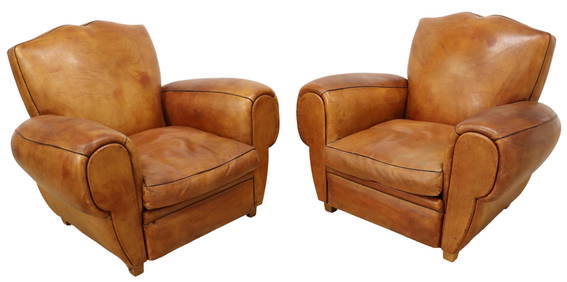 (2) FRENCH ART DECO TAN LEATHER CLUB CHAIRS (1 of 3)
