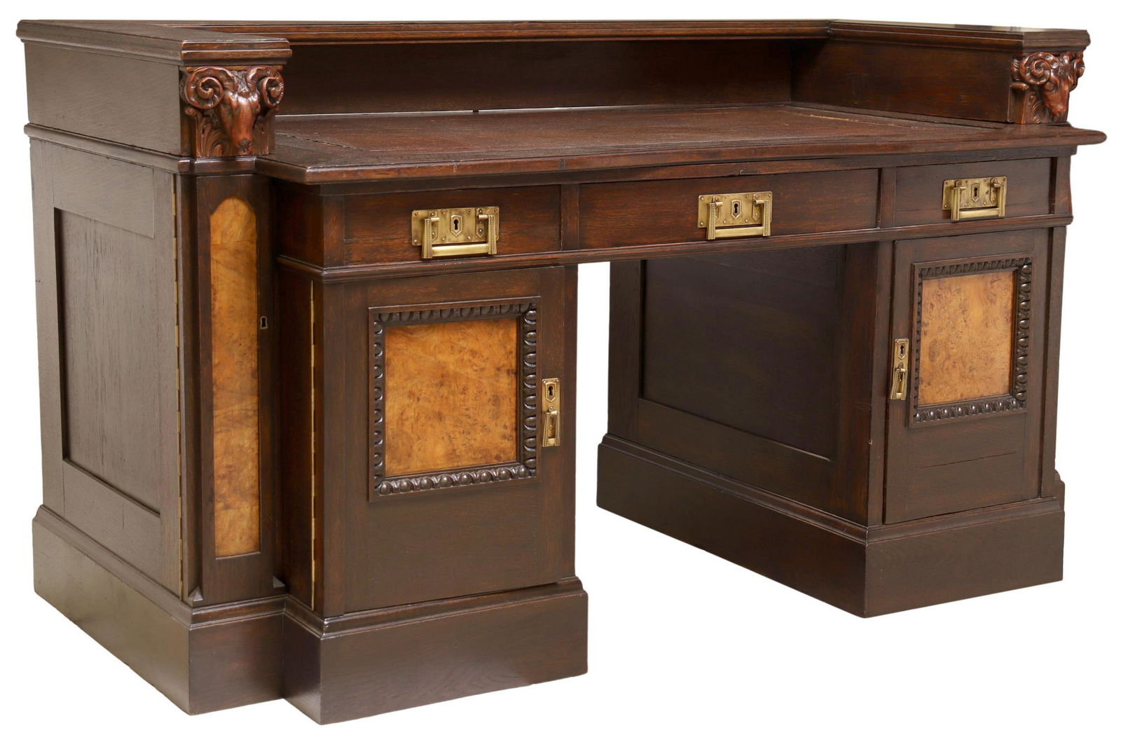 FRENCH RAMS HEAD CARVED OAK PEDESTAL DESK (1 of 6)