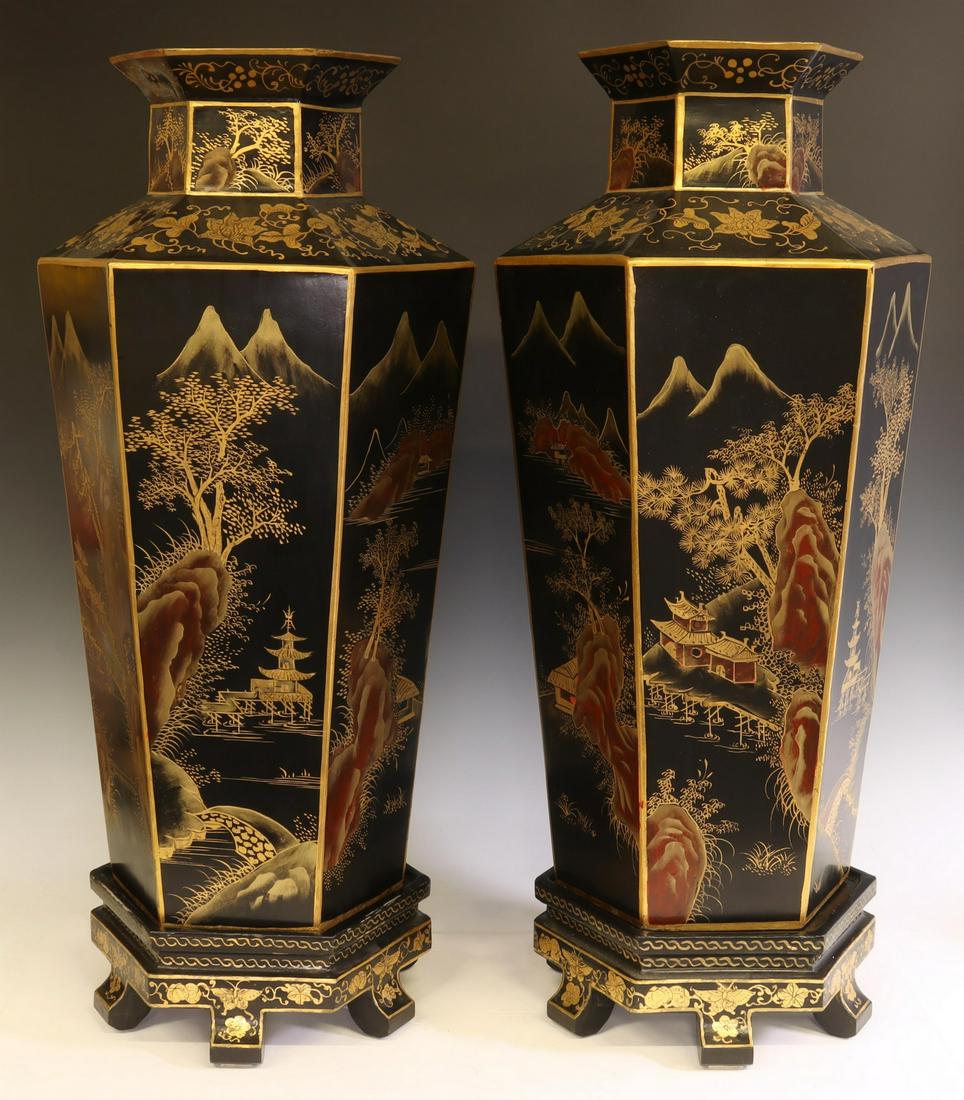 (2) Parcel Gilt & Black Lacquer Vases On Stands Auction