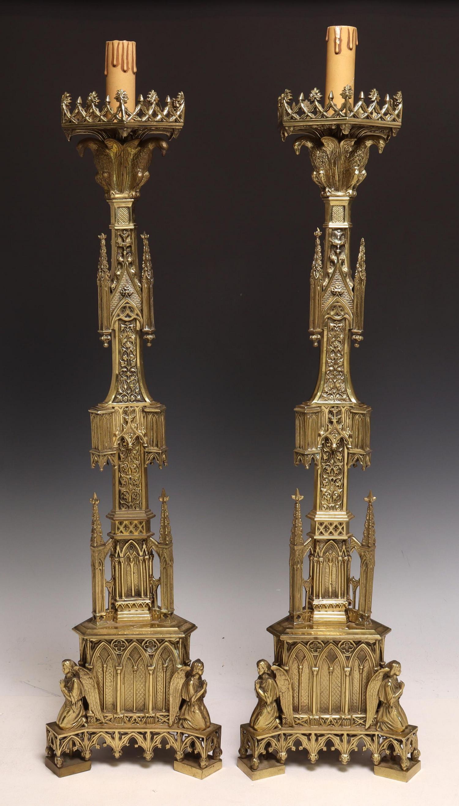 (2) GOTHIC REVIVAL BRONZE ALTAR CANDLE LAMPS (1 of 4)