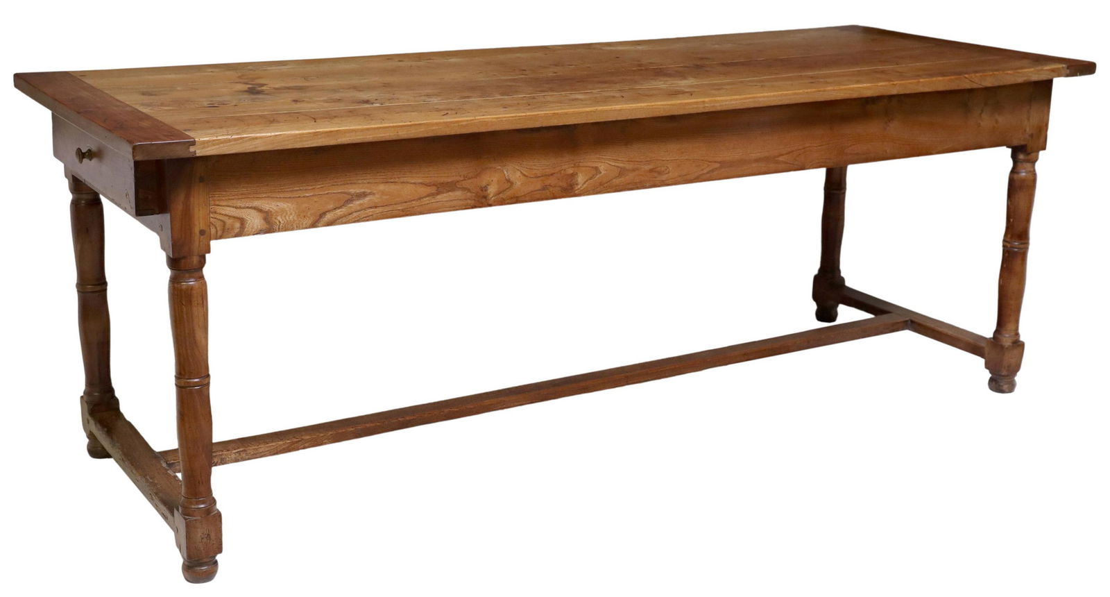 FRENCH PROVINCIAL FRUITWOOD FARMHOUSE TABLE: French Provincial fruitwood farmhouse table, 19th c., having rectangular top, over two drawers, rising on turned legs, joined by center stretcher, ending on bun feet, approx 29 7/8"h, 82.5"l, 30 5/8"w