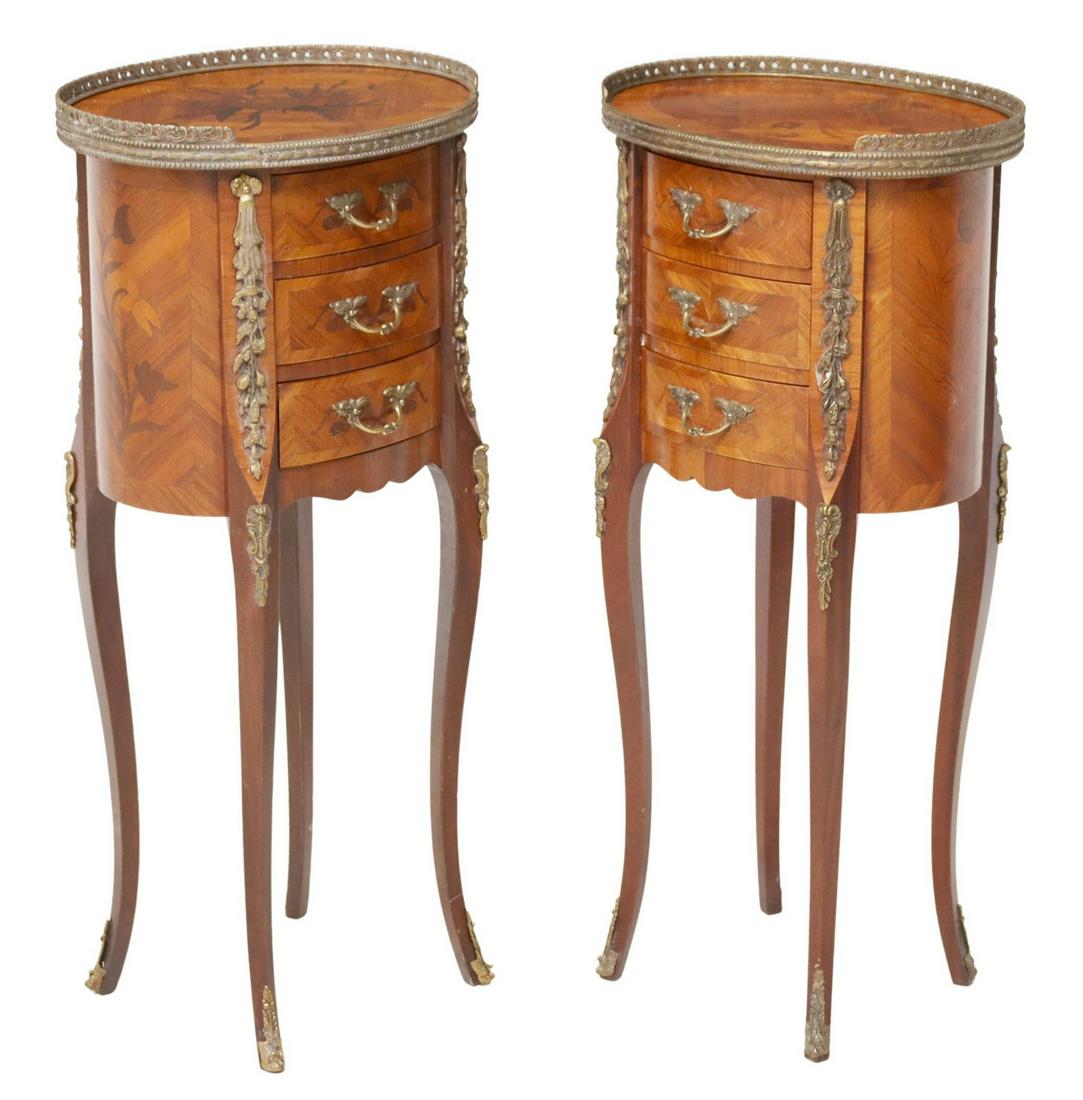 (2) FRENCH LOUIS XV STYLE MARQUETRY NIGHTSTANDS: (pair) French Louis XV style nightstands, 20th c., pierced metal three-quarter gallery, oval case accented with floral marquetry, three drawers, rising on curved legs, ending in sabots, approx 28.75"h