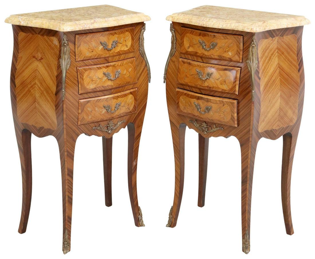 (2) FRENCH LOUIS XV STYLE MARQUETRY NIGHTSTANDS: (pair) French Louis XV style nightstands, 20th c., having marble top, over three drawers, faced with floral marquetry, rising on cabriole legs, ending in sabots, approx 29"h, 17 1/8"w, 10 7/8"d Start 