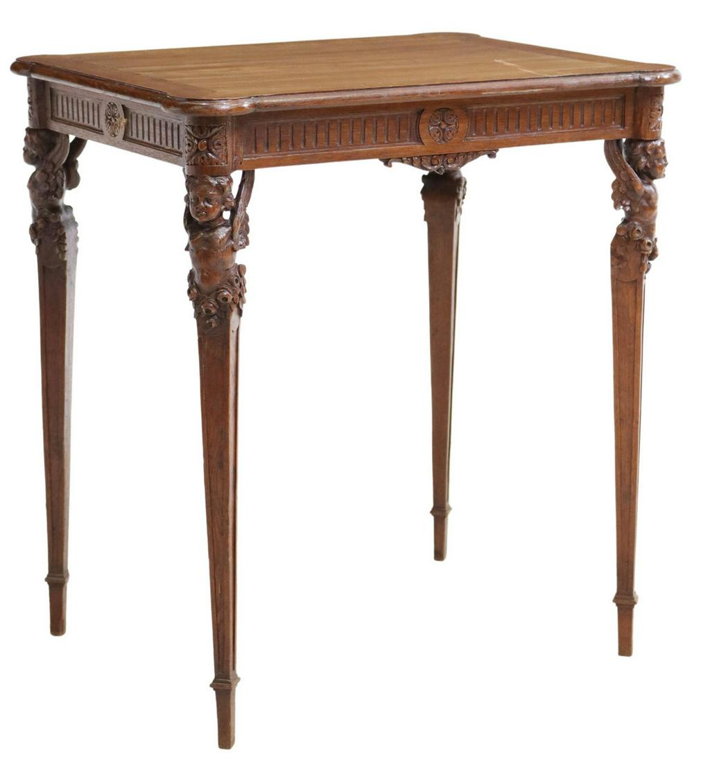 FRENCH WINGED CUPID CARVED OAK TABLE (1 of 5)