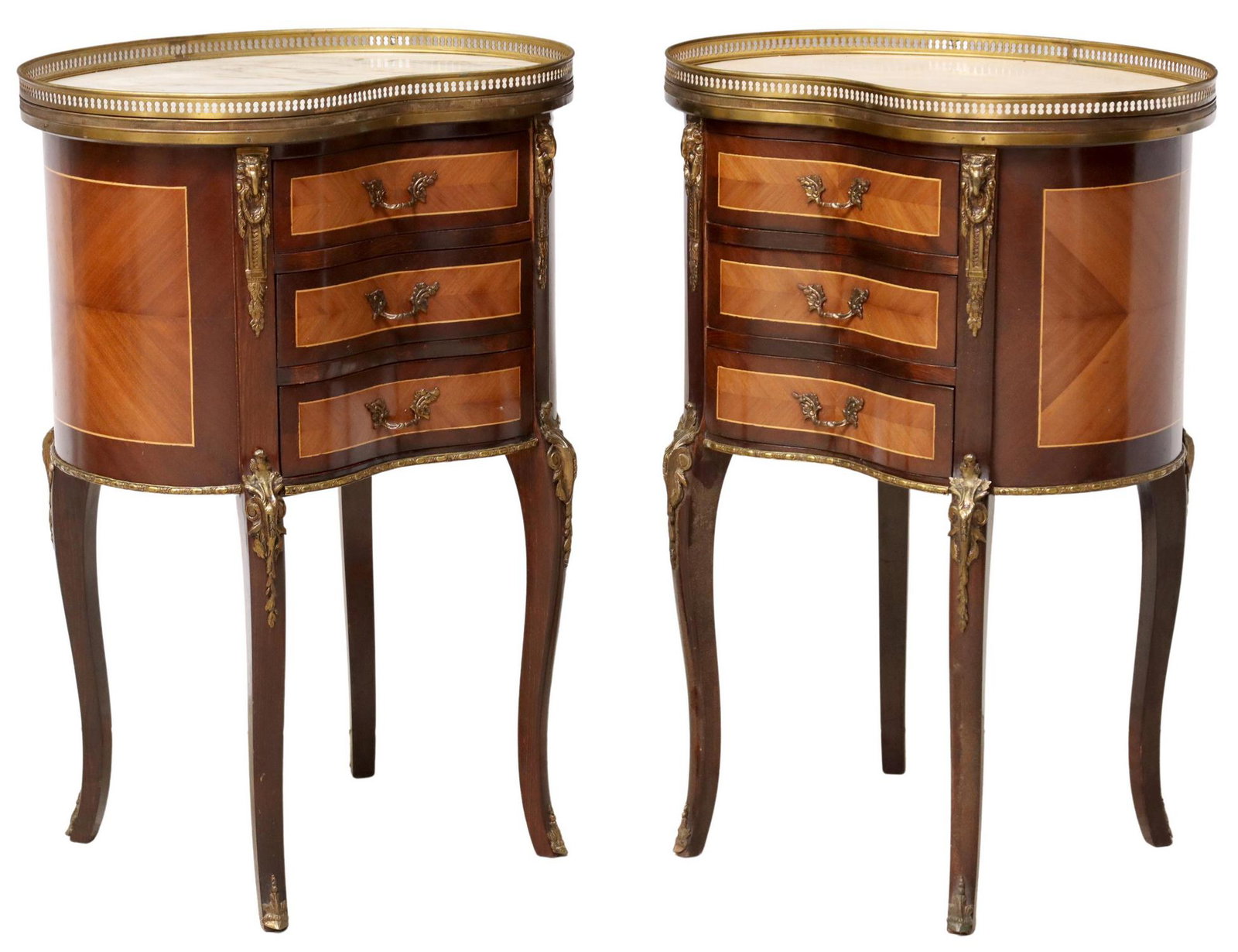 (2) FRENCH LOUIS XV STYLE MARBLE-TOP NIGHTSTANDS: (pair) French Louis XV style nightstands, early 20th c., having shaped marble top with pierced gilt metal gallery, over matched veneer case with inlaid banding, three drawers, rising on cabriole legs,