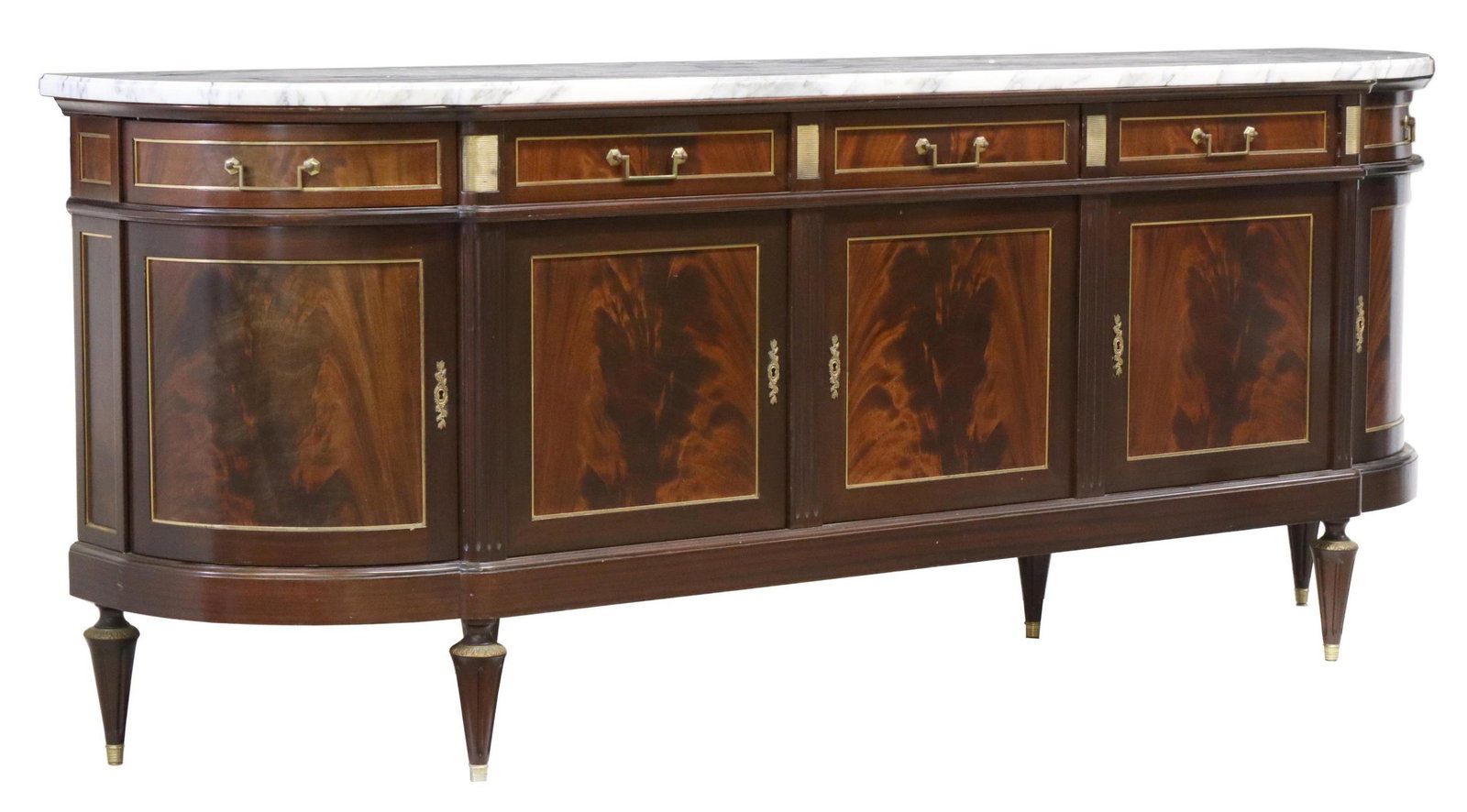 LOUIS XVI STYLE MARBLE-TOP MAHOGANY SIDEBOARD: French Louis XVI style mahogany sideboard, 20th c., having marble top, five drawers, over five cabinets, gilt metal hardware, right cabinet with interior lighting, rising on tapered and fluted legs, i