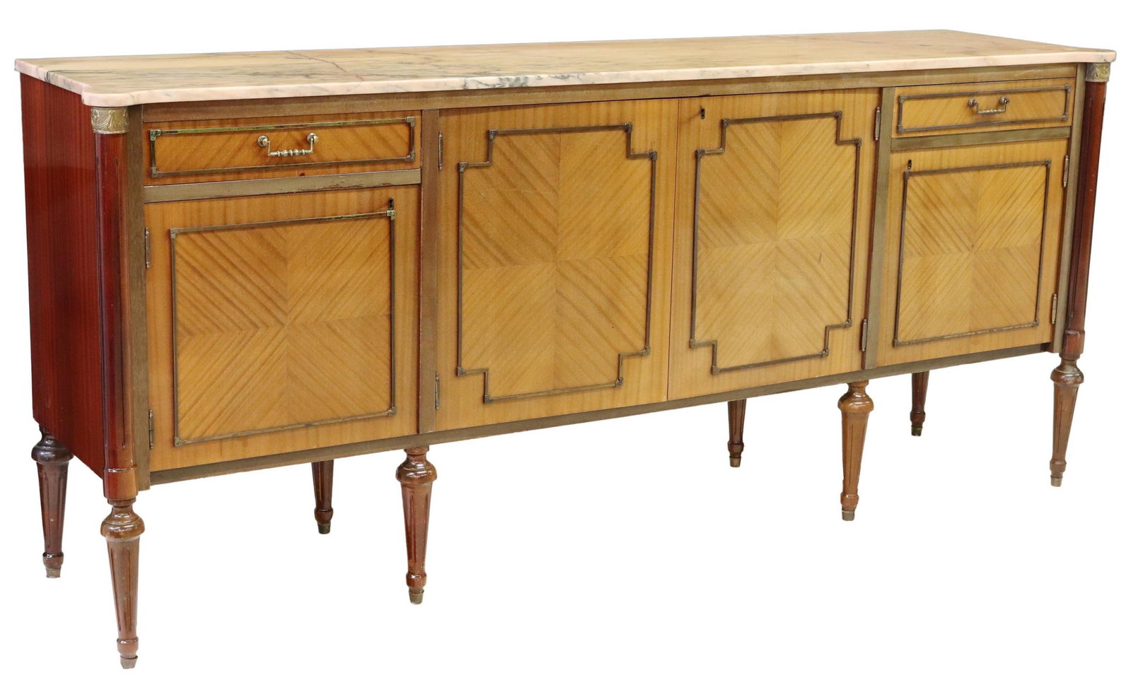 FRENCH LOUIS XVI STYLE MARBLE-TOP SIDEBOARD: French Louis XVI style matched veneer sideboard, 20th c., having marble top, case fitted with two drawers, over four cabinets, patinated metal banded trim, rising on fluted and tapered legs, approx 37