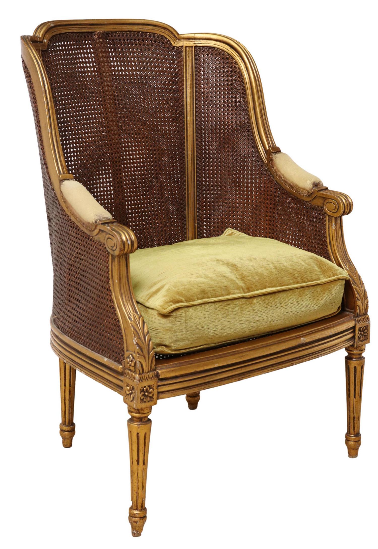 FRENCH LOUIS XVI STYLE GILTWOOD & CANE BERGERE (1 of 3)