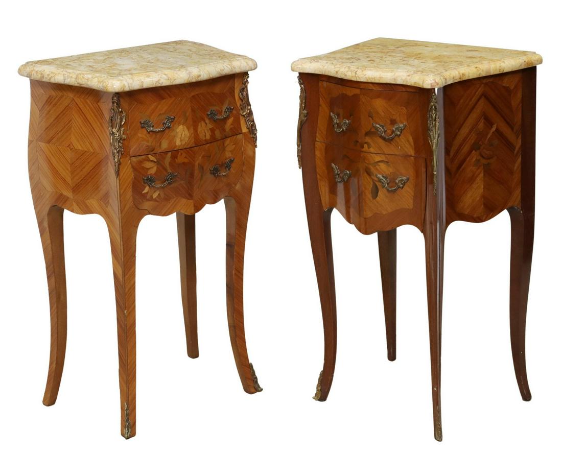 (2) FRENCH LOUIS XV STYLE NIGHTSTANDS, VARIED: (lot of 2) French Louis XV style nightstands, 20th c., slightly varied tops and designs, both with marble top, two drawers, floral marquetry, rising on cabriole legs, ending in sabots, largest: approx