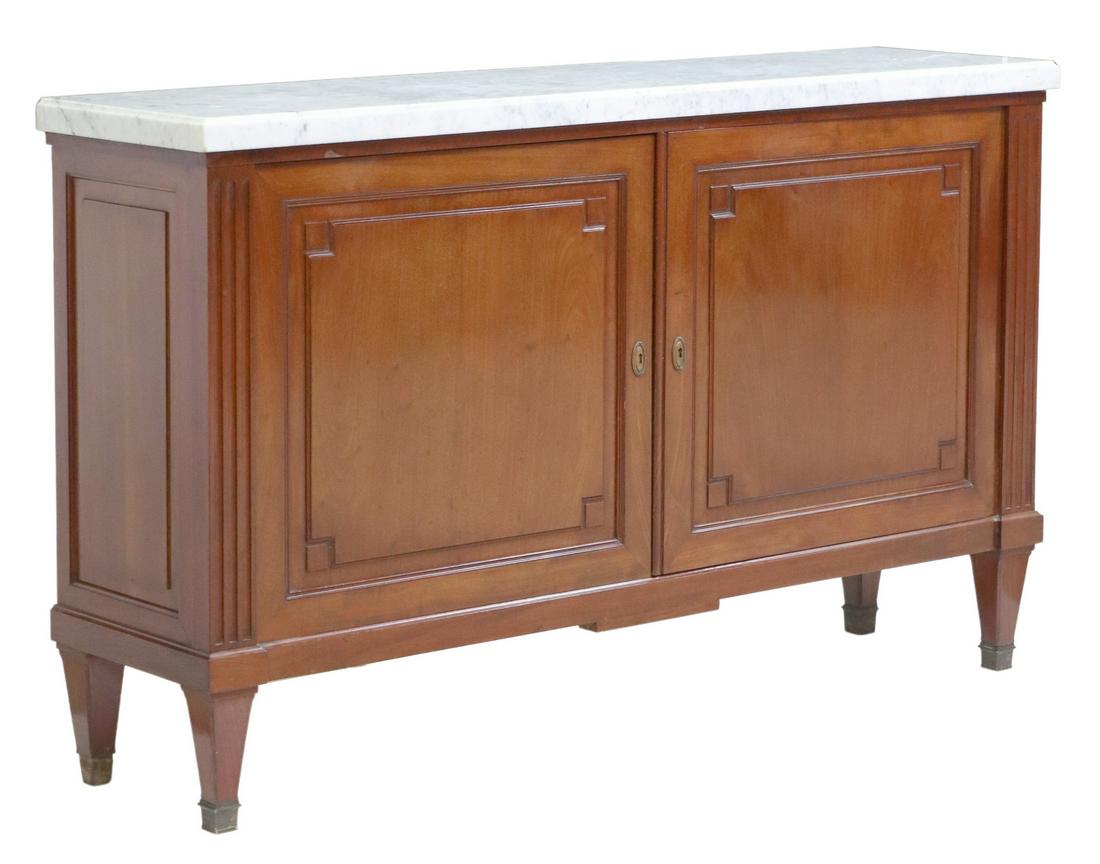 LOUIS XVI STYLE MARBLE-TOP MAHOGANY SIDEBOARD: French Louis XVI style mahogany sideboard, 20th c., having rectangular marble top, over two paneled doors, flanked by fluted side supports, rising on tapered legs, approx 35.5"h, 59"w, 15 1/8"d Start 