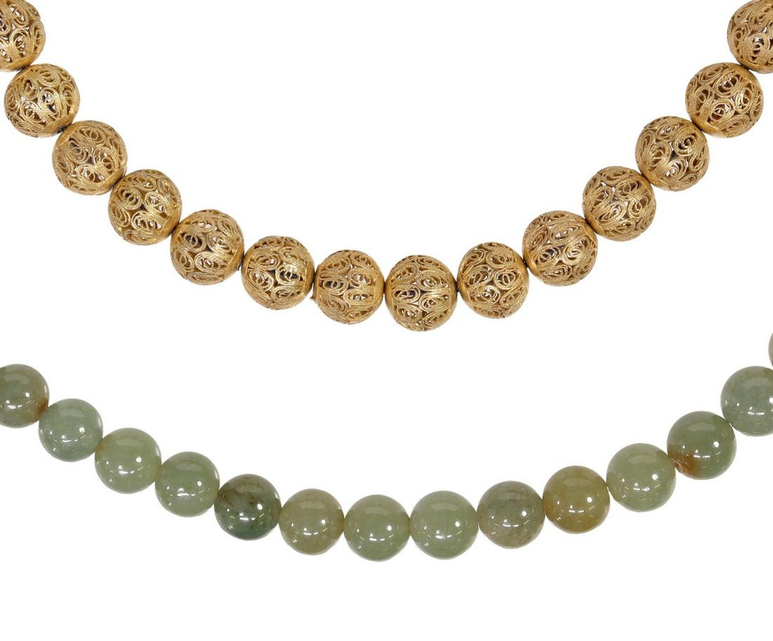 (2) STRANDS OF ROUND JADE & GILT FILIGREE BEADS (1 of 3)