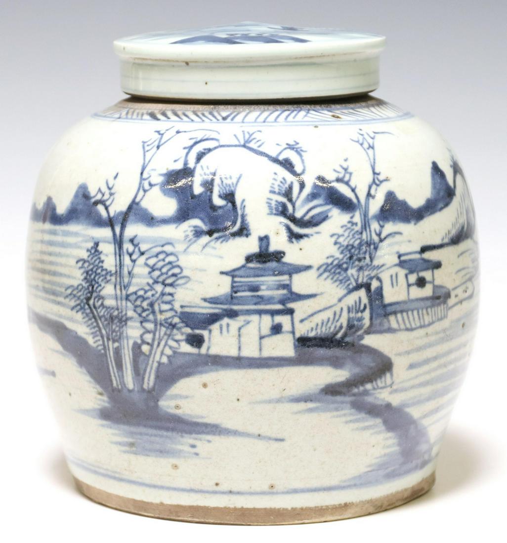 CHINESE BLUE & WHITE PORCELAIN LIDDED MELON JAR (1 of 4)