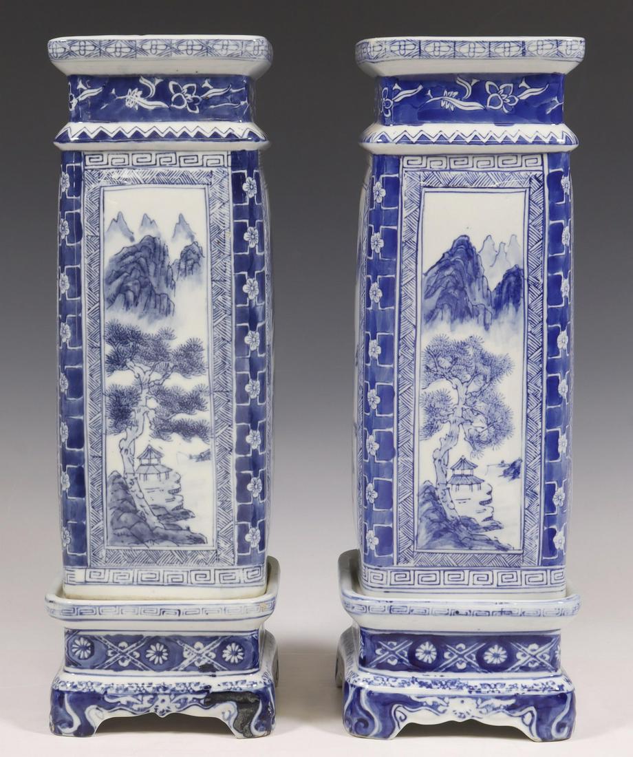 (2) CHINESE BLUE & WHITE PORCELAIN VASES ON STANDS (1 of 3)